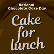 Swirling chocolate drawing with text: National Chocolate Cake Day Cake for lunch