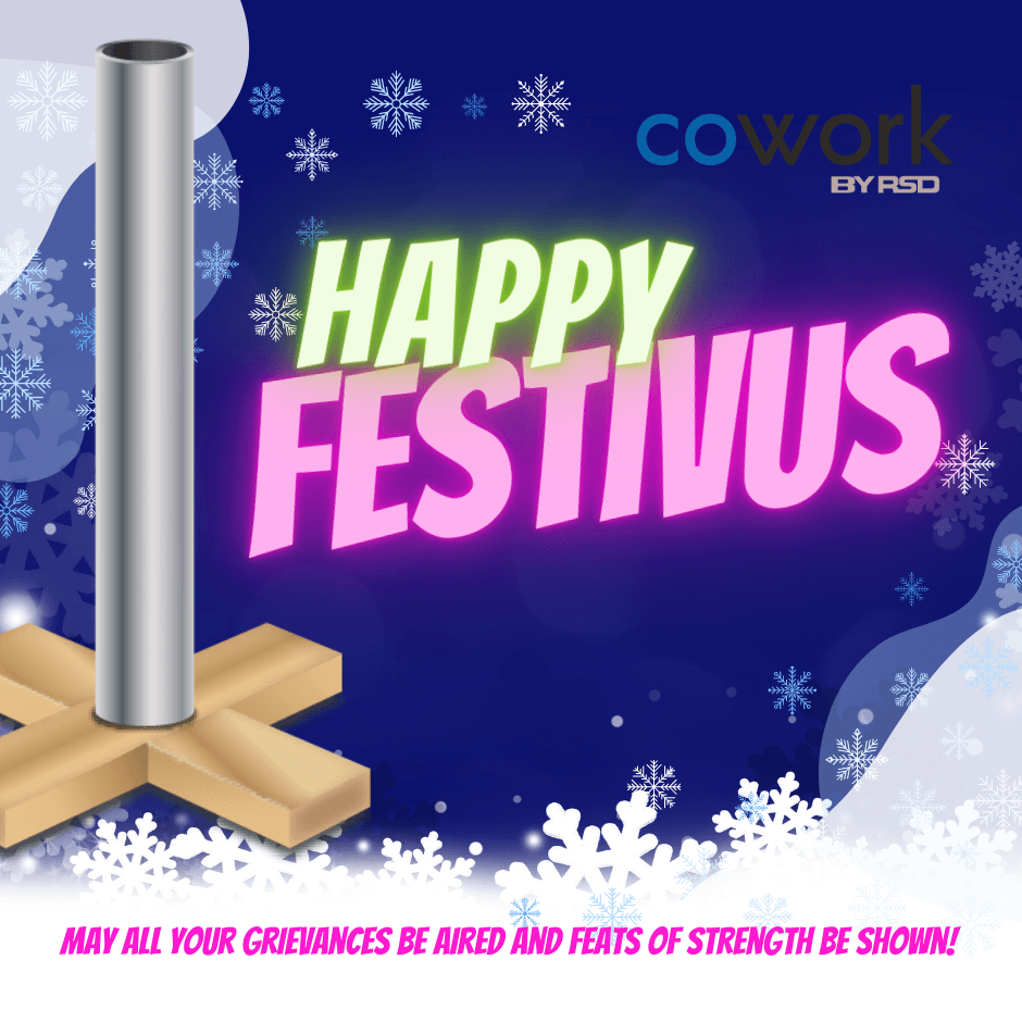 Happy Festivus slide. Text: "Happy Festivus" "May all your grievances be aired and feats of strength be shown!"