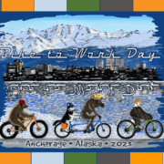 Animals riding bicycles with Anchorage in the background. Text: Bike to Work Day