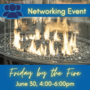 Closeup of the Cowork by RSD fire with the text, "Networking event," "Friday by the Fire," "June 30 4:00 - 6:00pm"